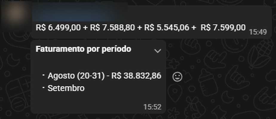Print de conversa no WhatsApp em que o cliente informa o faturamento de agosto (20 a 31): R$ 38.832,86, e lista vendas de R$ 6.499,00, R$ 7.588,80, R$ 5.545,06 e R$ 7.599,00. Nome e foto do cliente borrados.